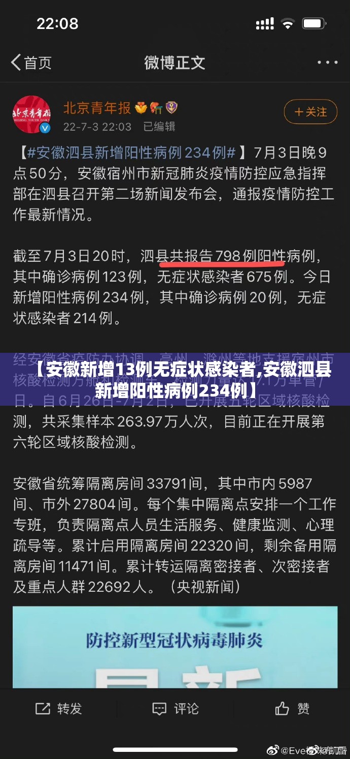 【安徽新增13例无症状感染者,安徽泗县新增阳性病例234例】
